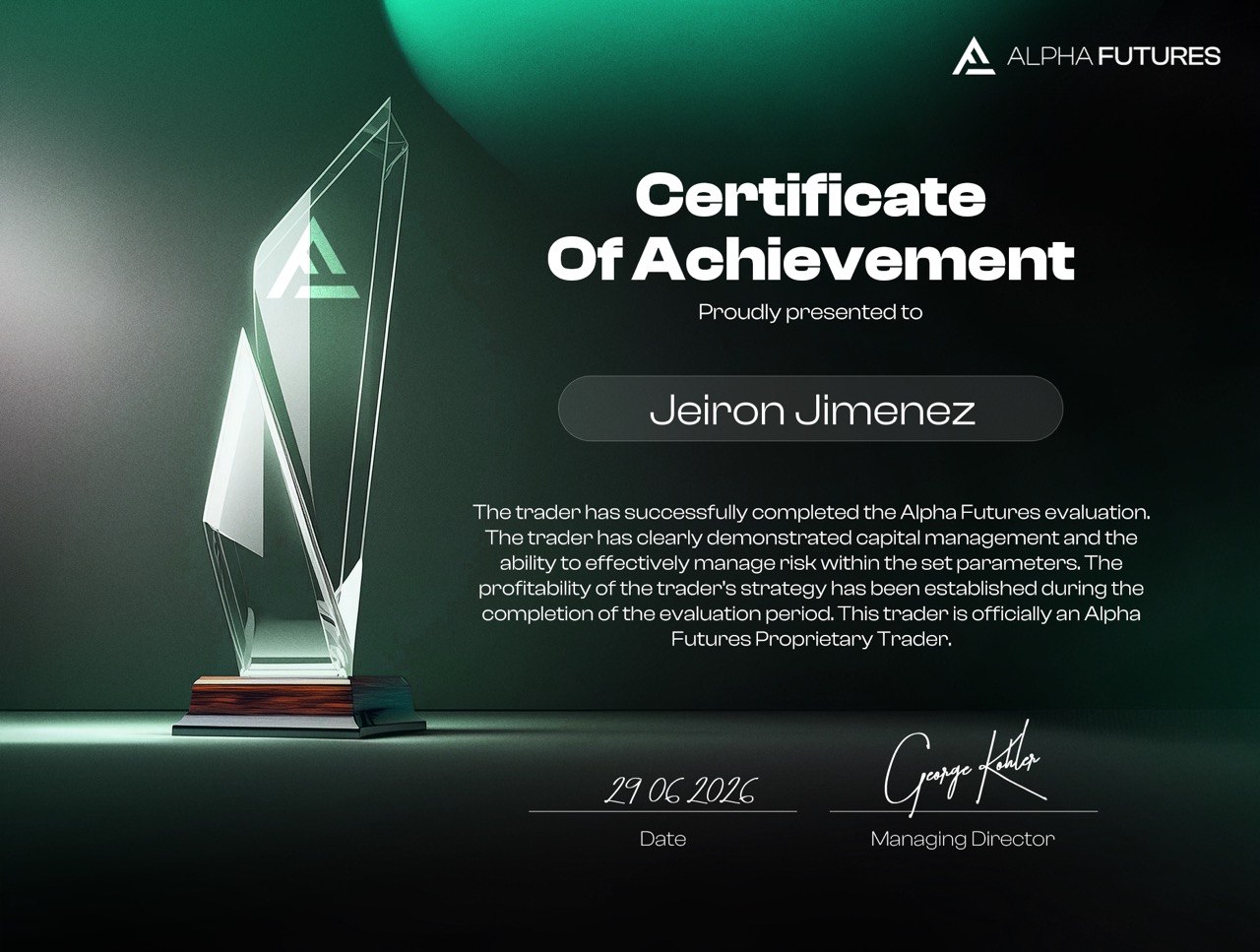 Certificado de fondeo Alpha Futures — Jeiron Jiménez