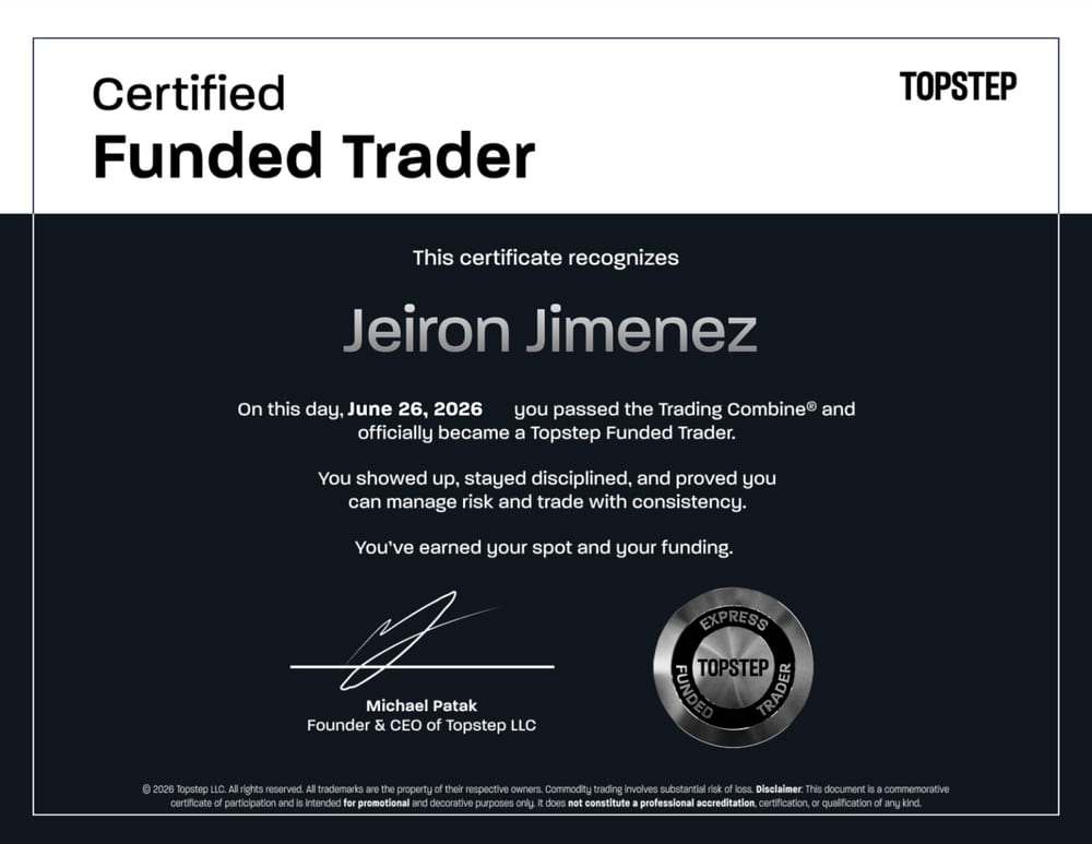 Certificado de fondeo Topstep — Jeiron Jiménez